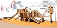 a wooden play structure with stairs and slides on top of it, in front of a white background