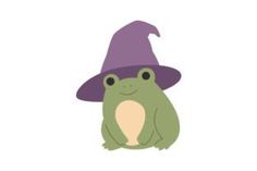 a green frog wearing a purple hat