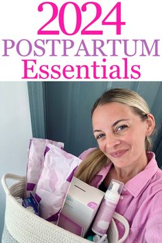 a woman holding a basket full of personal care products with text overlay that reads, 2021 postpartum essentials