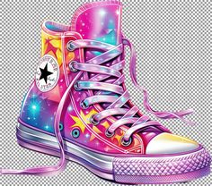 a pair of colorful sneakers with stars and ribbons on the bottom, against a transparent background