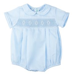 Your baby boy will look oh so sweet in this classy smocked creeper! This outfit comes in pure white or baby blue, embellished with fagoting trim on the peter pan collar and sleeve cuffs. A smocked bodice features diamond shaped embroidery - hand-made of course, true to the Feltman Brothers tradition of timeless quality and style. Buy a Feltman today and pass it down for generations!(Pairs beautifully with our Boys Pintucked Bonnet and Boys Smocked Bonnet. Check them out today for the complete vi Drake Child, Boys Smock, Smocked Baby Clothes, Baby Clothes Patterns, Baby Boy Romper, Heirloom Sewing, Boys Romper, Dress Sewing Patterns, Baby Boutique