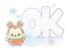 an animal with a scarf around its neck standing in front of the letter k and snowflakes