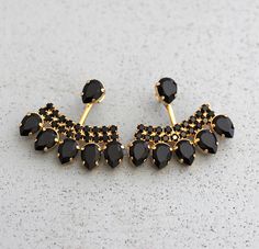 Ear Jacket Earrings Black Gold Ear Jackets Swarovski by iloniti Gold Ear Jacket, Jacket Earrings, Trending Jewelry, Black Gold Jewelry, Ear Jacket Earring, Black Beaded Jewelry, Earring Jackets, Jewelry Design Earrings, Ear Jacket