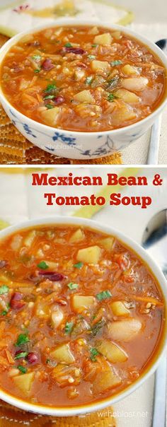 mexican bean and tomato soup is shown in two different bowls with the same toppings