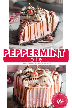 two different pictures of a cake with whipped cream on top and peppermint pie in the middle