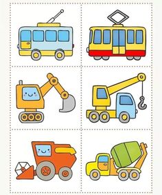 four pictures with different types of vehicles on them, one is yellow and the other is blue