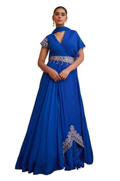 Blue layered anarkali with tilla, dori, pearl, handmade tassels, brass sequins and beaded embroidered sleeves. Comes with a dupatta and a belt. - Aza Fashions Blue Anarkali Gown With Dupatta, Blue Gown With Dupatta, Maxi Length, Blue Maxi Gown With Dupatta, Blue Maxi Length Gown With Dupatta, Designer Blue Saree-shaped Gown, Designer Blue Saree Gown, Blue Georgette Gown For Diwali, Blue Anarkali Gown With Dabka Embroidery, Blue Anarkali Gown With Dabka