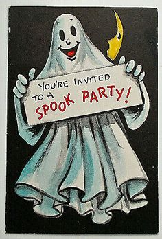 a ghost holding a sign that says you're invited to a spook party