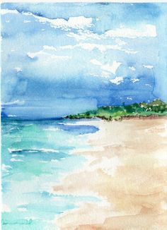 a watercolor painting of the ocean and beach