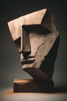 a stone sculpture with a face on it's head