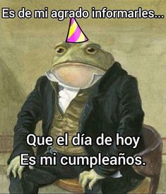 a frog wearing a party hat and sitting in a chair with the caption,