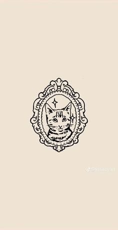 a black and white drawing of a cat with a frame around it's neck