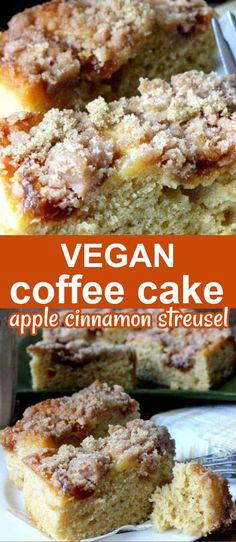 vegan coffee cake with cinnamon streusel on top and the title above it