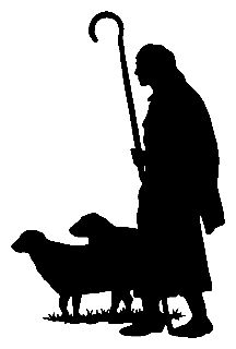 the silhouette of a shepherd with two dogs and an umbrella in his hand, on a white background