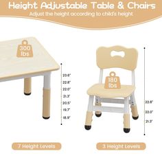 height guide for children's table and chairs with measurements on the top, bottom and bottom