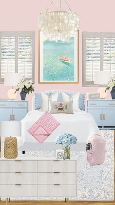 a bedroom decorated in pastel colors with blue and pink accessories on the bed, chandelier hanging from the ceiling