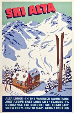 an advertisement for skis in the snow with mountains and trees behind it, which reads shi ata