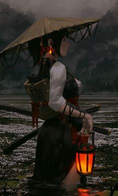 a woman with an umbrella is sitting in the water and holding a lantern on her head