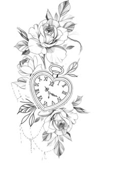 a black and white drawing of roses with a heart shaped clock on it's side