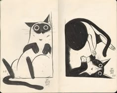 two black and white drawings of cats sitting next to each other