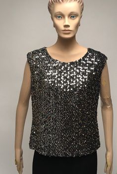 Sequin Top Claralura Original Black Silver Tank Evening | Etsy Stretch Tank Blouse For Party, Sleeveless Evening Tops With Sequins, Evening Sleeveless Top With Sequins, Sleeveless Blouse For Party Season, Fitted Sleeveless Sequins Blouse, Fitted Sleeveless Blouse With Sequins, Sequin Sleeveless Blouse For Night Out, Sleeveless Sequin Blouse For Party Season, Modesty Dress