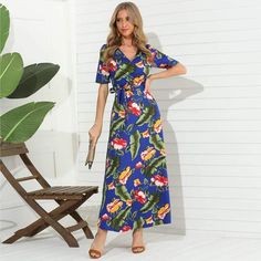 DESCRIPTION SKU: TO1000C2989 Brand Name: Toadds Material: polyester Thickness: Regular Sleeve length: Short sleeve Collar&neckline: V neck Package Included: dress/1 Season: Spring.Summer SIZE CHART(cm) SIZE s m l Shoulder 38 39 40 Bust 96 100 104 Waist 76 80 84 Sleeve length 28 29 30 Length 138 139 140 All dimensions are measured manually with a deviation of 1 to 3cm. Fitted Half Sleeve Blue Maxi Dress, Blue Fitted Half Sleeve Maxi Dress, Blue Fitted Maxi Dress With Half Sleeves, Blue Half-sleeve Maxi Dress For Vacation, Blue Floral Print Half Sleeve Midi Dress, Blue Floral Print Midi Dress With Half Sleeves, Stylish Maxi Dress, Shift Dress Casual, Long Pant Jumpsuit