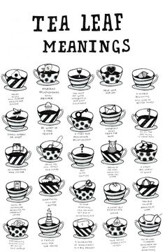 the tea leaf meanings poster is shown in black and white