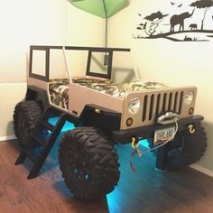 a bedroom with a jeep bed in it