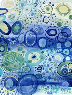 an abstract painting with blue, green and yellow circles