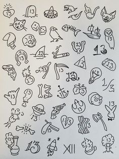 an image of doodles drawn on paper with numbers and symbols in the style of cartoon characters