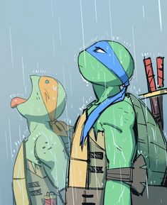 two cartoon turtles are standing in the rain