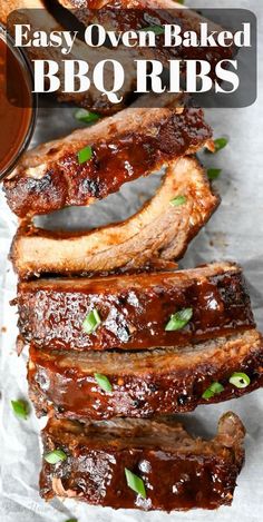 bbq ribs with barbecue sauce on top and the words easy oven baked bbq ribs