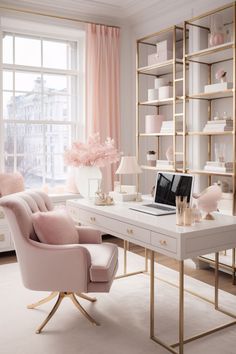 a desk with a laptop computer on it in front of a window and pink curtains