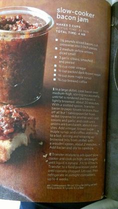 an open cookbook showing the contents of a baked dessert in a glass jar and on top of a wooden cutting board