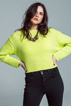 Q2 Relaxed Ribbed Boat Neck Sweater in Lime Green Trendy Cropped Sweater With Ribbed Cuffs For Spring, Trendy Stretch Sweater With Ribbed Neckline, Trendy Textured Knit Sweater, Trendy Stretch Cropped Sweater, Trendy Crew Neck Cropped Sweater For Spring, Trendy Solid Color Spring Sweater, Trendy Cropped Sweater With Ribbed Neckline For Spring, Modern Knit Sweater For Spring, Trendy Yellow Stretch Sweater