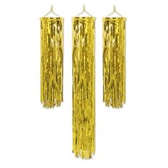 three gold tinsel wind chimes hanging from hooks