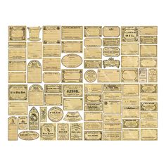 a large collection of old fashioned paper tags and labels on a white background with clippings