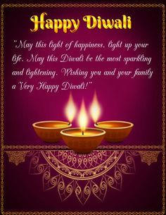 happy diwali greeting card with three lit candles on purple and gold background for diwali