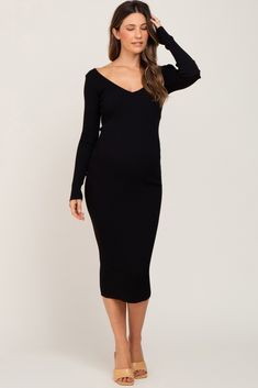 A comfortable & casual maternity dress perfect for any day!  A solid ribbed knit maternity fitted midi dress with long sleeves and a wide v-neckline. The Black Knit Ribbed Maternity Midi Dress is perfectly bump-friendly! Chic Fall Maternity Midi Dress, Fitted Ribbed Maternity Dress, Ribbed Fitted Maternity Dress, Chic Long Sleeve Maternity Dress For Fall, Fitted V-neck Maternity Dress For Fall, Chic Long Sleeve Maternity Midi Dress, Elegant V-neck Maternity Midi Dress, Maternity Ribbed Dress, Chic Maternity Midi Dress With V-neck