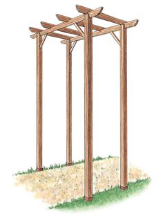 an outdoor pergolan with two posts attached to the ground and grass around it