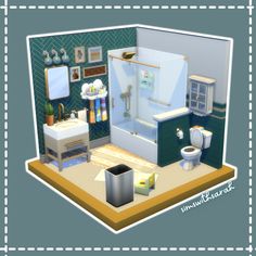 an image of a bathroom with green walls and white fixtures on the floor, including a toilet, sink, shower, and mirror