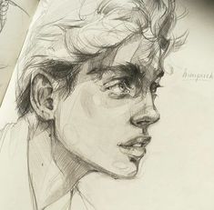 a pencil drawing of a man's face and head with hair blowing in the wind