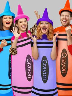 group of people dressed up in crayon costumes