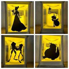 the silhouettes of disney characters are shown in three different frames, one is yellow and the other is black