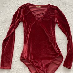 Hollister - Red Velvet Bodysuit - Size: Small (True To Size) - Velvet Material - Long Sleeve Lace Up Front Style - Double Snap Close At Bottom Of Suit - Never Worn, Brand New Condition Red Fitted V-neck Bodysuit, Fitted Red V-neck Bodysuit, Red Bodysuit For Fall Party, Velvet Bodysuit, Velvet Material, Hollister Tops, Long Sleeve Lace, Cosplay Costumes, Red Velvet