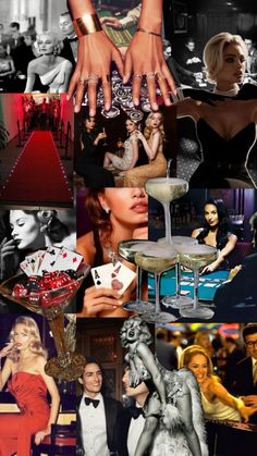 the collage shows many different images in black and white, including one woman's hand holding a martini