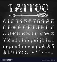 an old style tattoo font and numbers on a blackboard