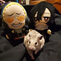 a hamster is sitting next to two stuffed toy characters, one with an evil look on its face