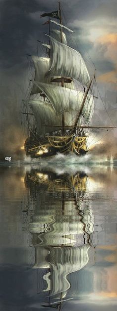 a painting of a sailing ship in the ocean with clouds and water around it,