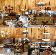 several pictures of desserts and pastries on display in front of wooden paneled walls